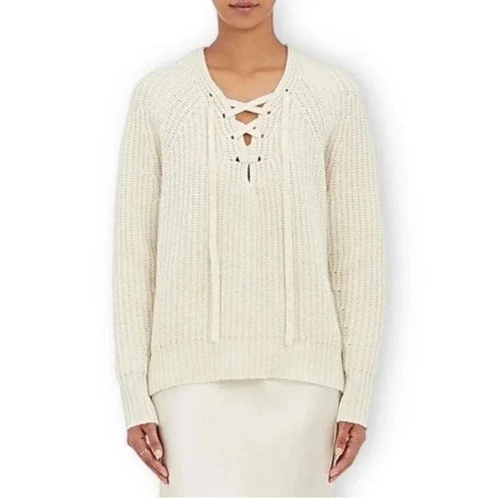 Nili Lotan Cashmere Alix Lace-Up V-Neck Sweater Cream Size XL